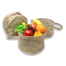 12 Pack - Natural Round Jute Handle Bag with Top Rim Wire - Small 8in