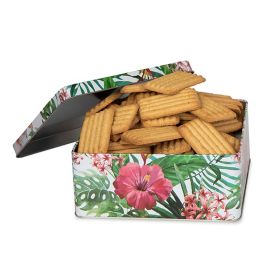 Square Palm & Hibiscus Metal Container with Lid - Med 7in